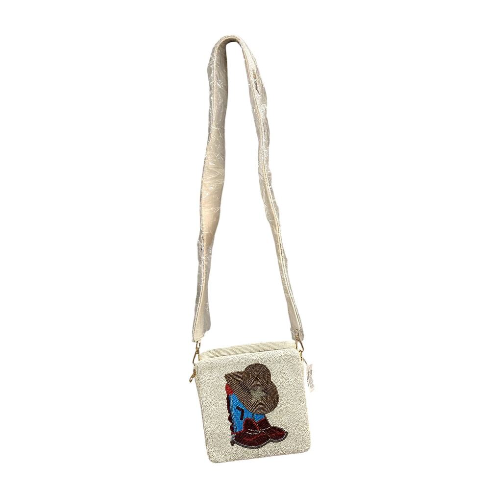 Beaded Cowboy Boots & Hat Crossbody Bag w/ Beaded Strap